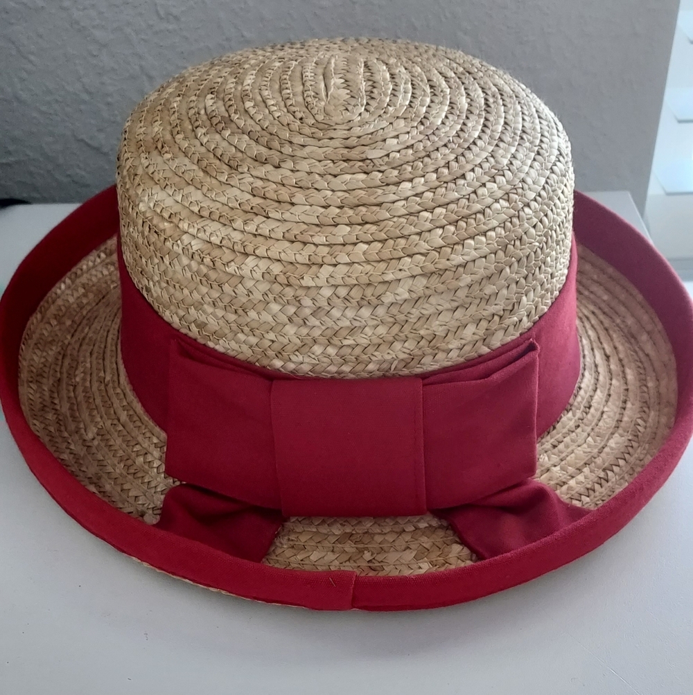 Straw Fedora Panama Hat Short Brim Roll Up Red Ribbon Bow Derby Church